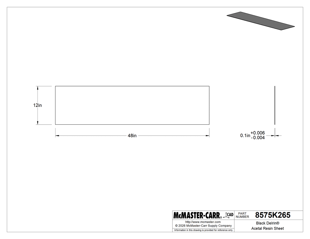 Technical Drawing of Black Delrin® Acetal Resin Sheet, 0.10" Thick, 12" Wide x 48" Length.